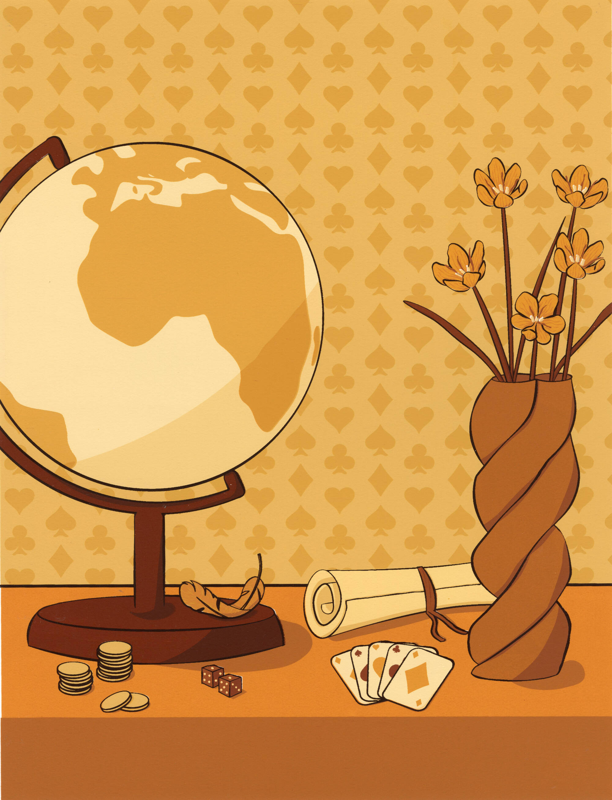 Monotone print in shades of orange. Imagery represents the Greek god, Hermes and includes a globe, playing cards, a vase of flowers, and coins.